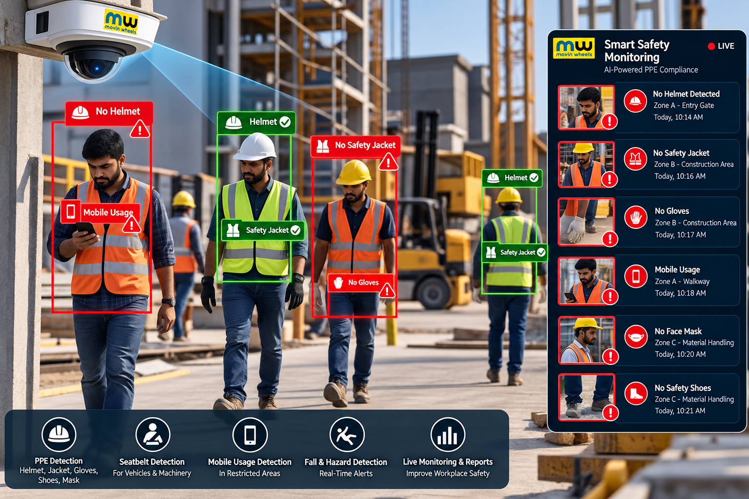 AI computer vision monitoring PPE compliance like safety helmets, gloves, and jackets
