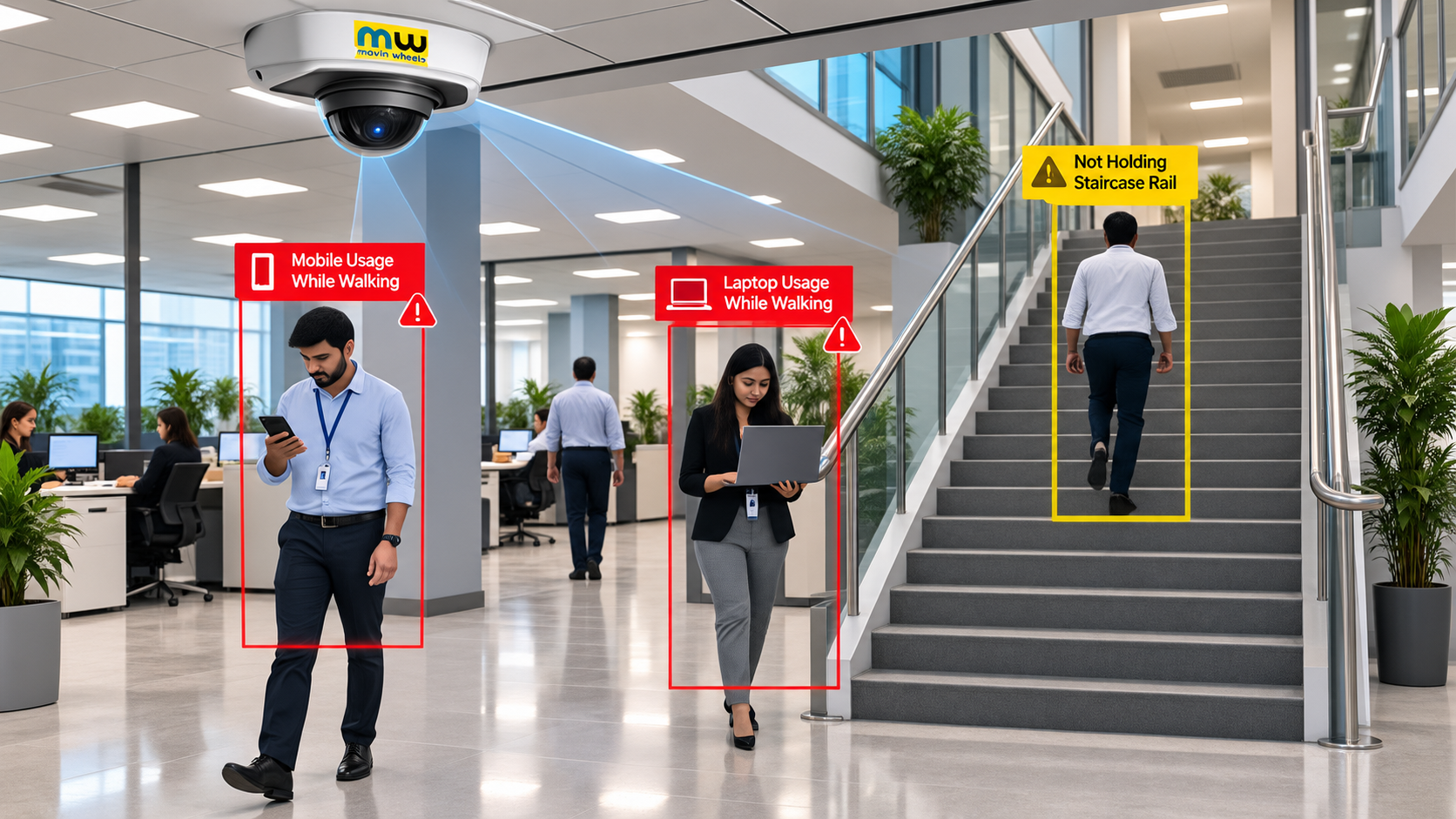 Movin Wheels SmartEye AI camera detecting mobile usage, laptop usage while walking, and staircase handrail safety